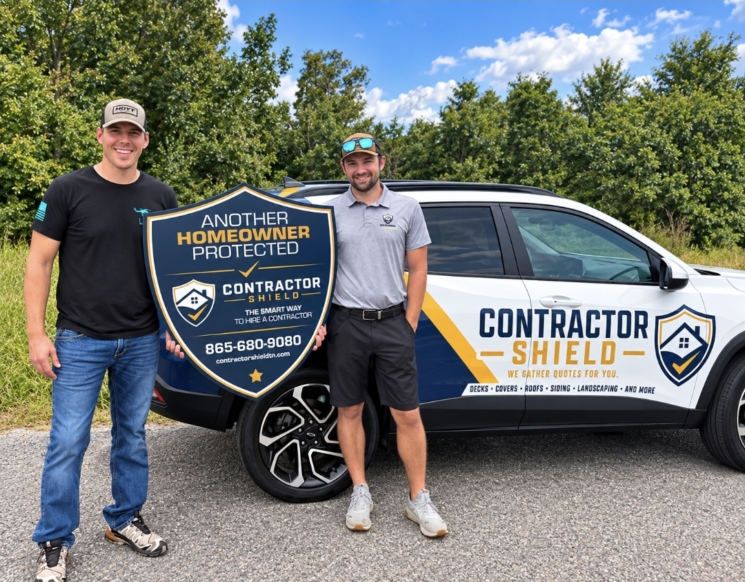 Contractor Shield team members beside a branded vehicle holding an Another Homeowner Protected sign
